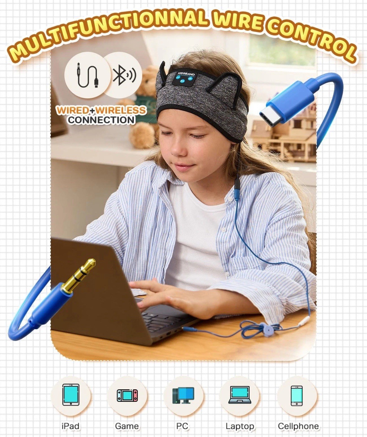 ( ME7)Kids Headband Bluetooth Headphones with Volume Limit & 3.5mm Jack
