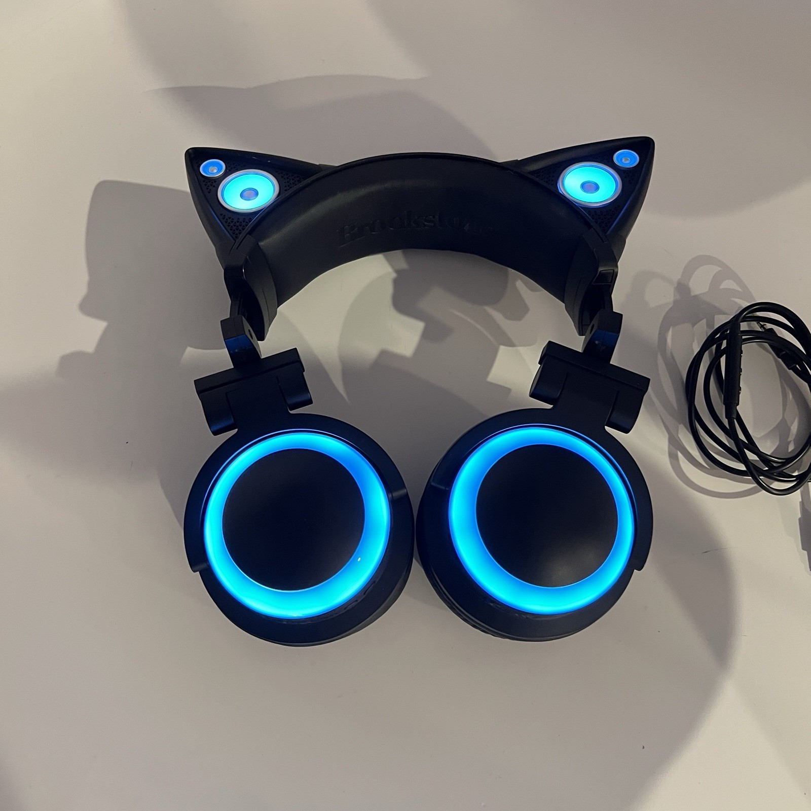 Blue Brookstone AXENT Cat Ear Gaming Headphones w Original Case Tested & Working