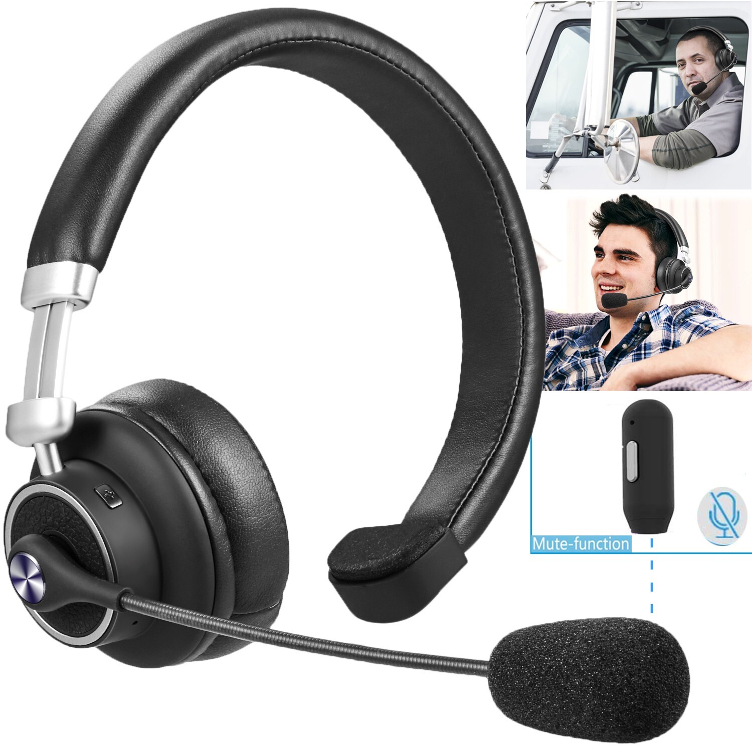 Wireless Over-Ear Headset Trucker Phone Headphones Mute Mic Bluetooth Headset