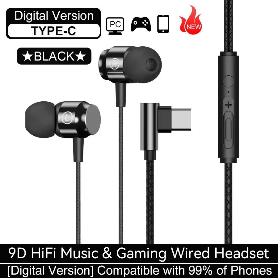 Wired Earphones 3.5mm Type C HiFi Stereo Headphones Mic Gaming Earbuds