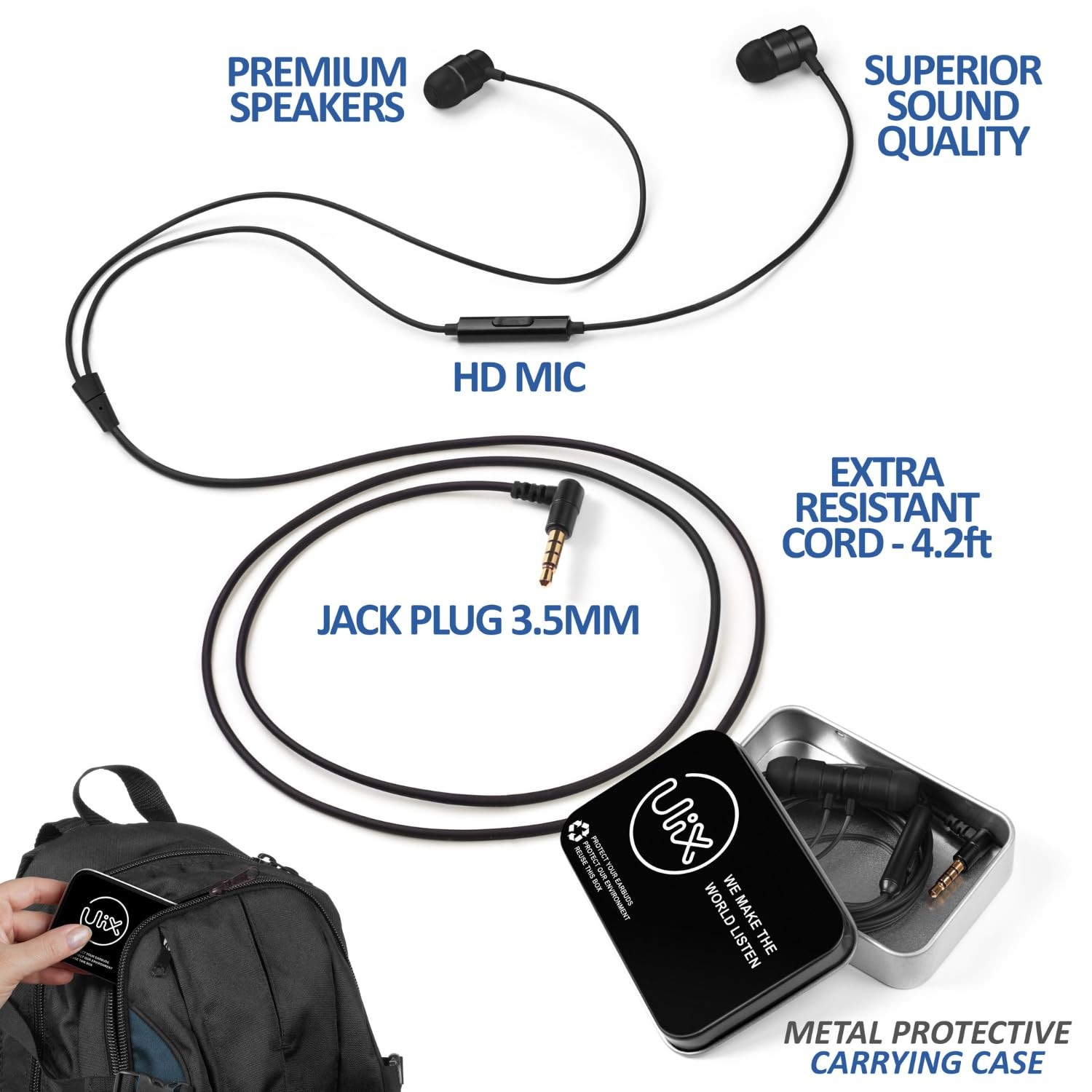 UliX Rider Wired Earbuds in-Ear Headphones, Earphones with PAQUET DE 1, Black