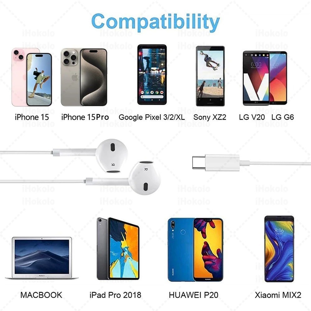White USB-C Wired Earbuds with Built-In Mic Double Earpieces for IP 15 – 17