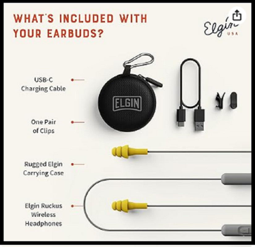 Elgin Ruckus Wireless Bluetooth Earplug Headphones 25 dB Noise Reduction Ear …