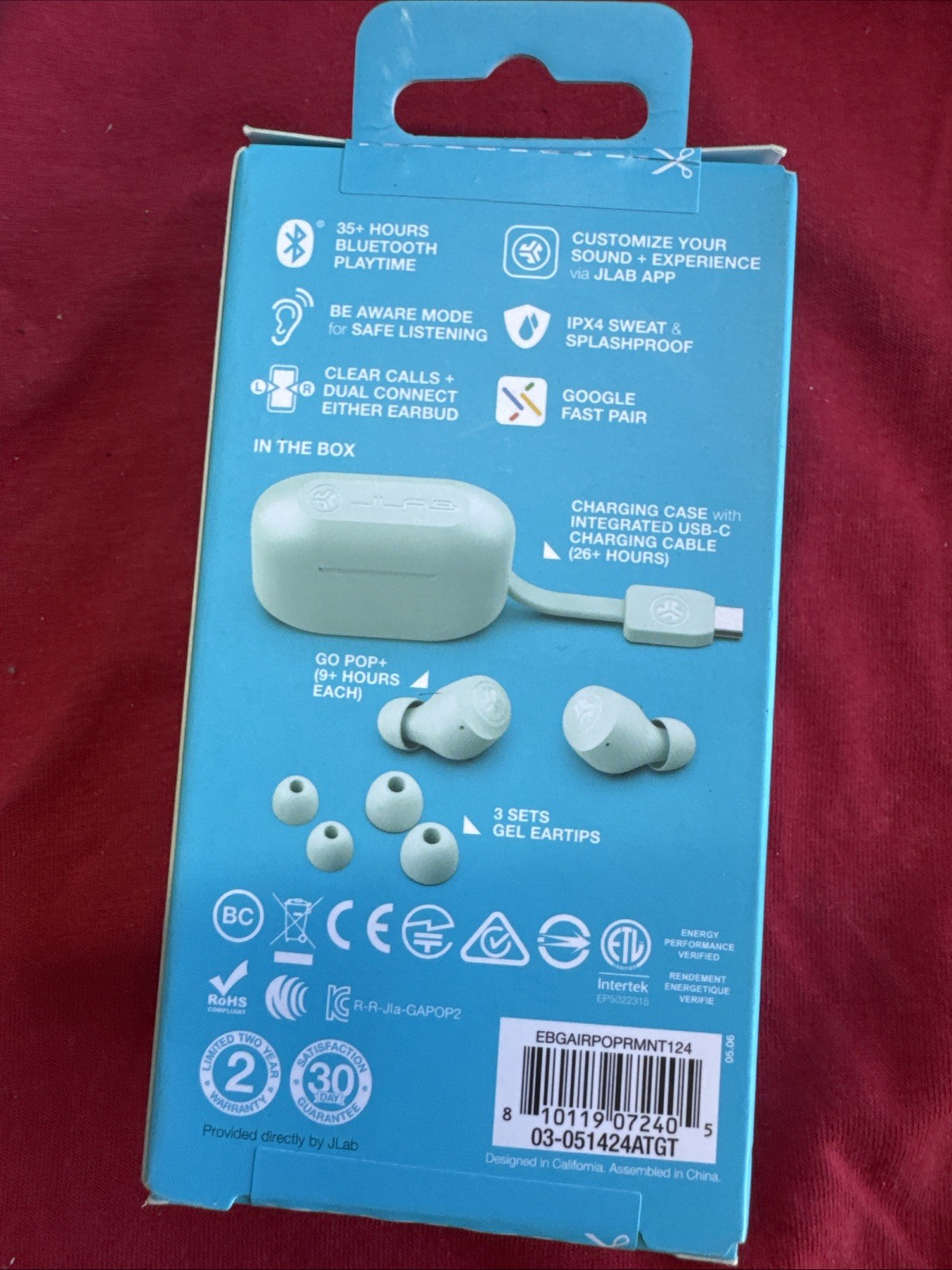 Jlab Gopop True Wireless Earbuds Mint 35+ Hours Playtime w/ Charging Case
