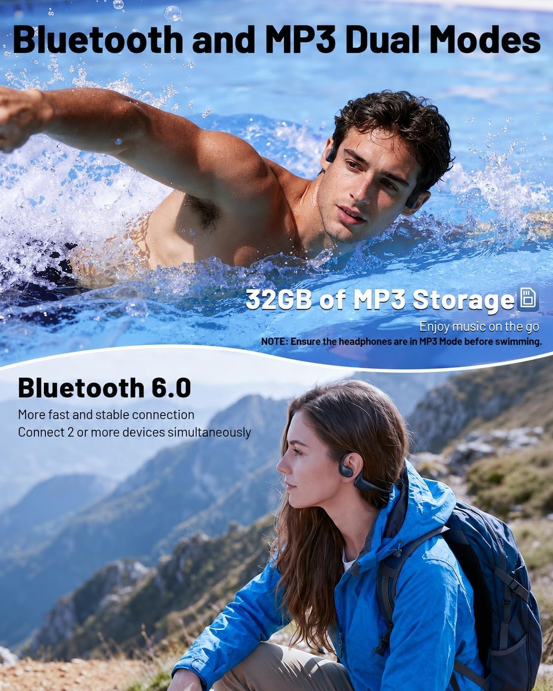 Bone Conduction Headphones, IPX8 Waterproof, Open Ear Bluetooth Earbuds, 32GB MP