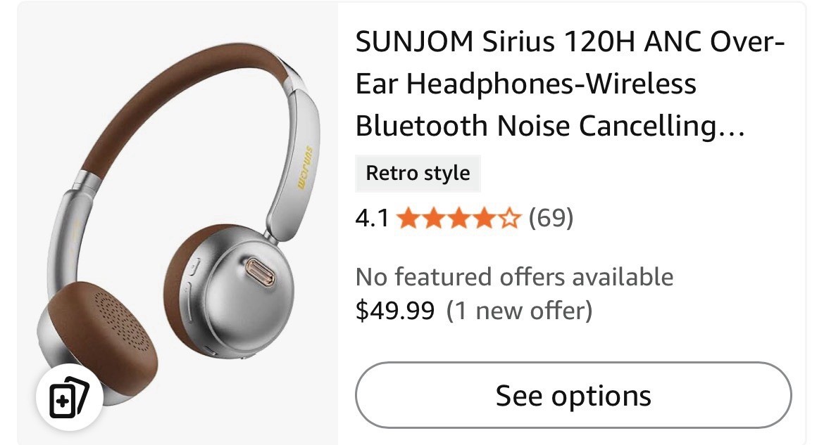 Aiwa Retro Flow Bluetooth Over-Ear Wireless Headphones Adjustable, Silver/Brown