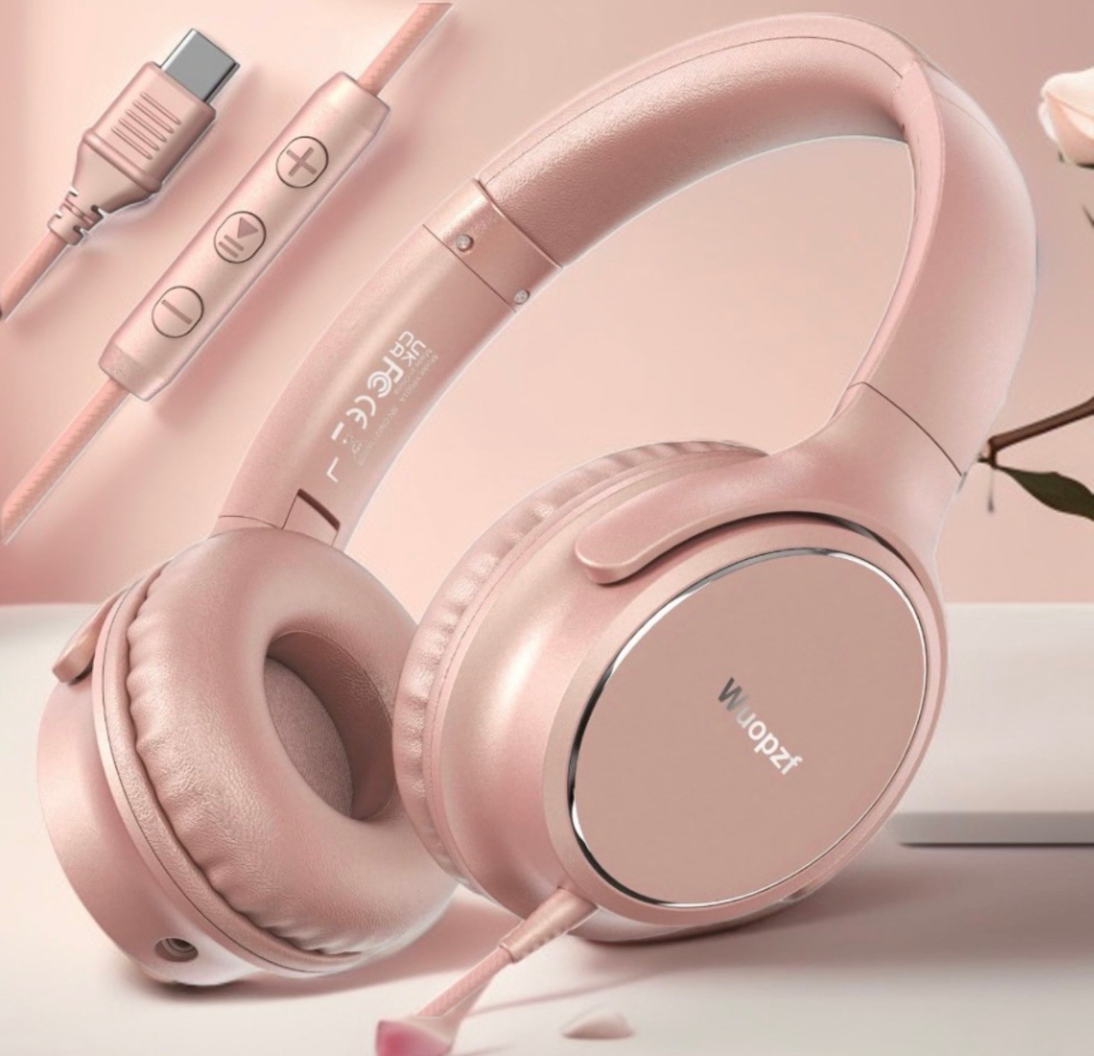 Wired Over-Ear USB-C Headphones with Microphone/Volume Control/Foldable/Adjustab
