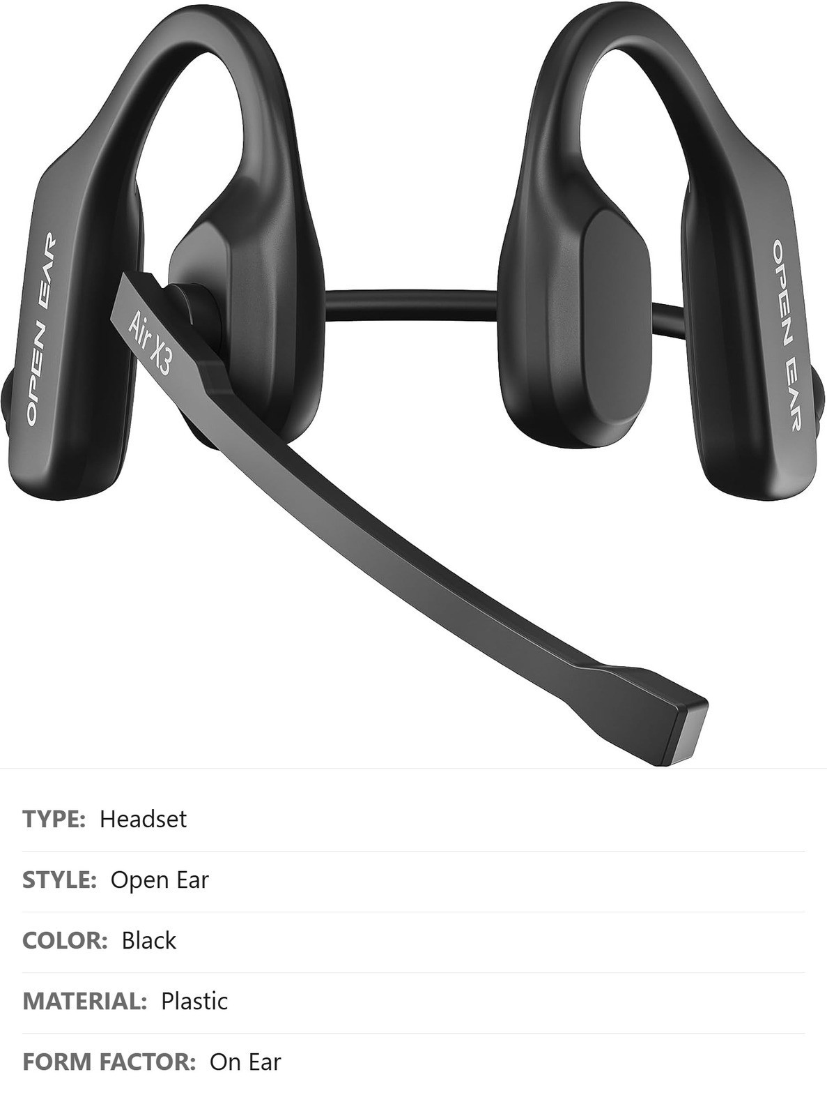 Open Ear Bluetooth Headphones with Mic, Black, AI Noise Reduction, Mute Button