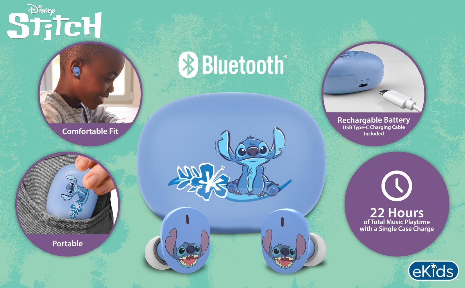 Disney Stitch Wireless Earbuds for Kids, Bluetooth One Size,