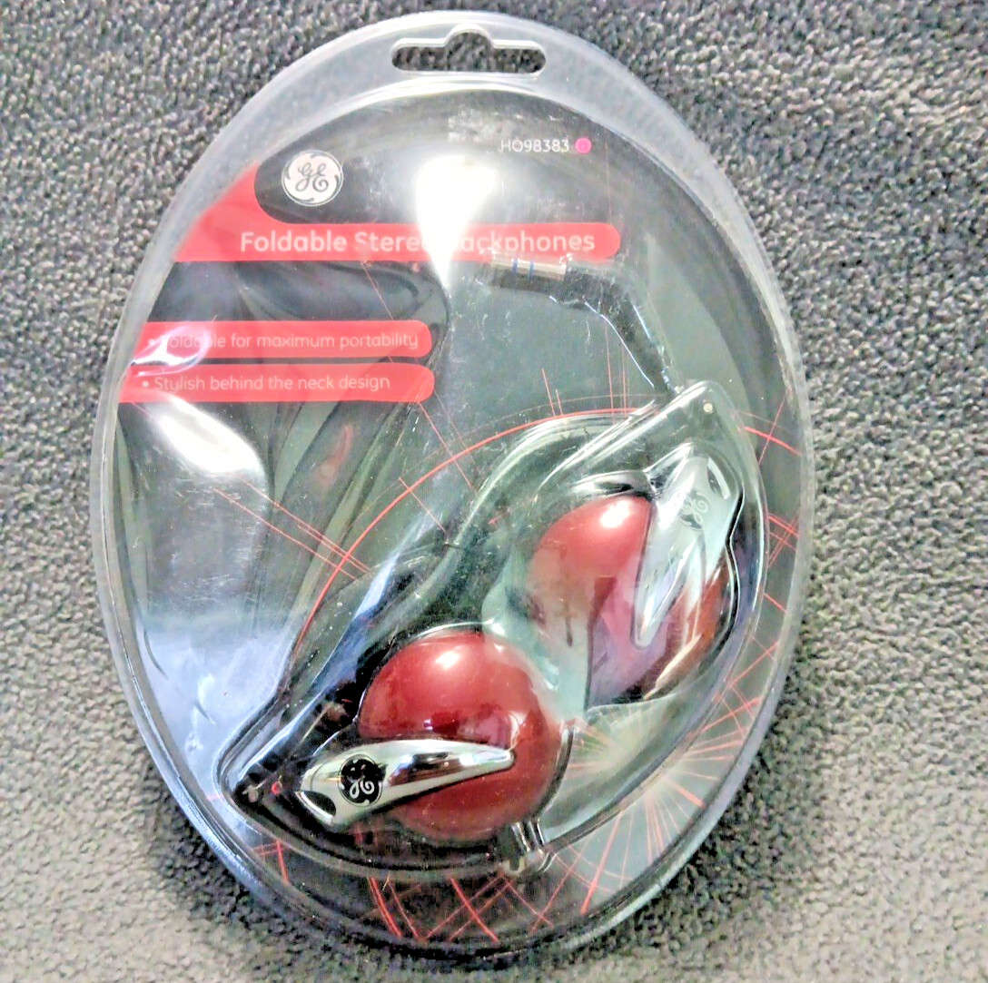 GE Foldable Stereo Back-Phones Red/Black NOS Factory Sealed 3.5mm Jack HO98383