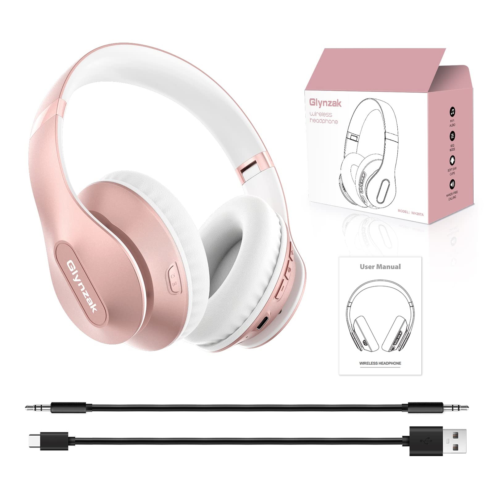 Wireless Bluetooth 6.0 Headphones Over Ear 65H Playtime 6 EQ Mic Rose Gold