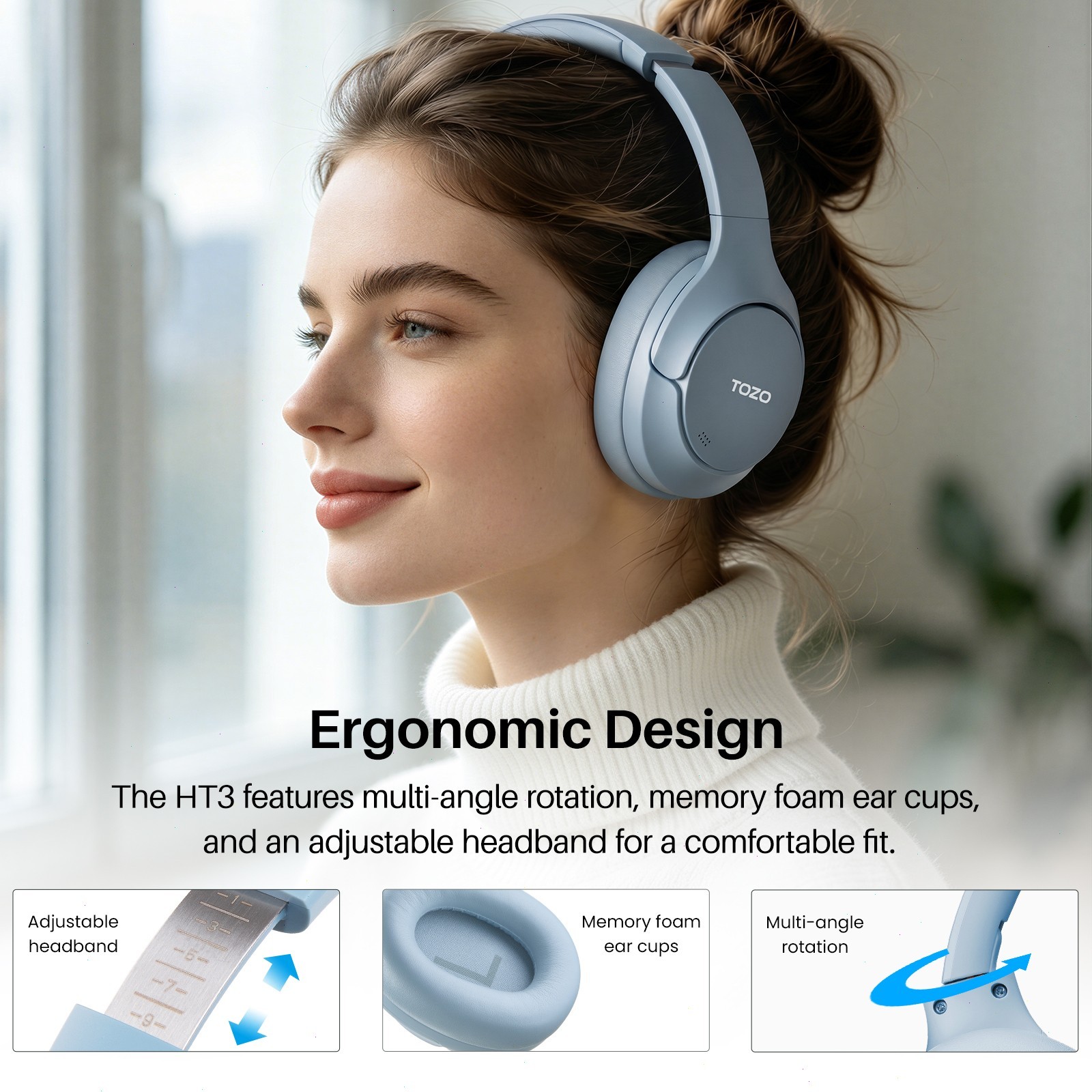 TOZO HT3 Over Ear Bluetooth Headset ANC Noise Cancelling Headphone AI Chat w/APP