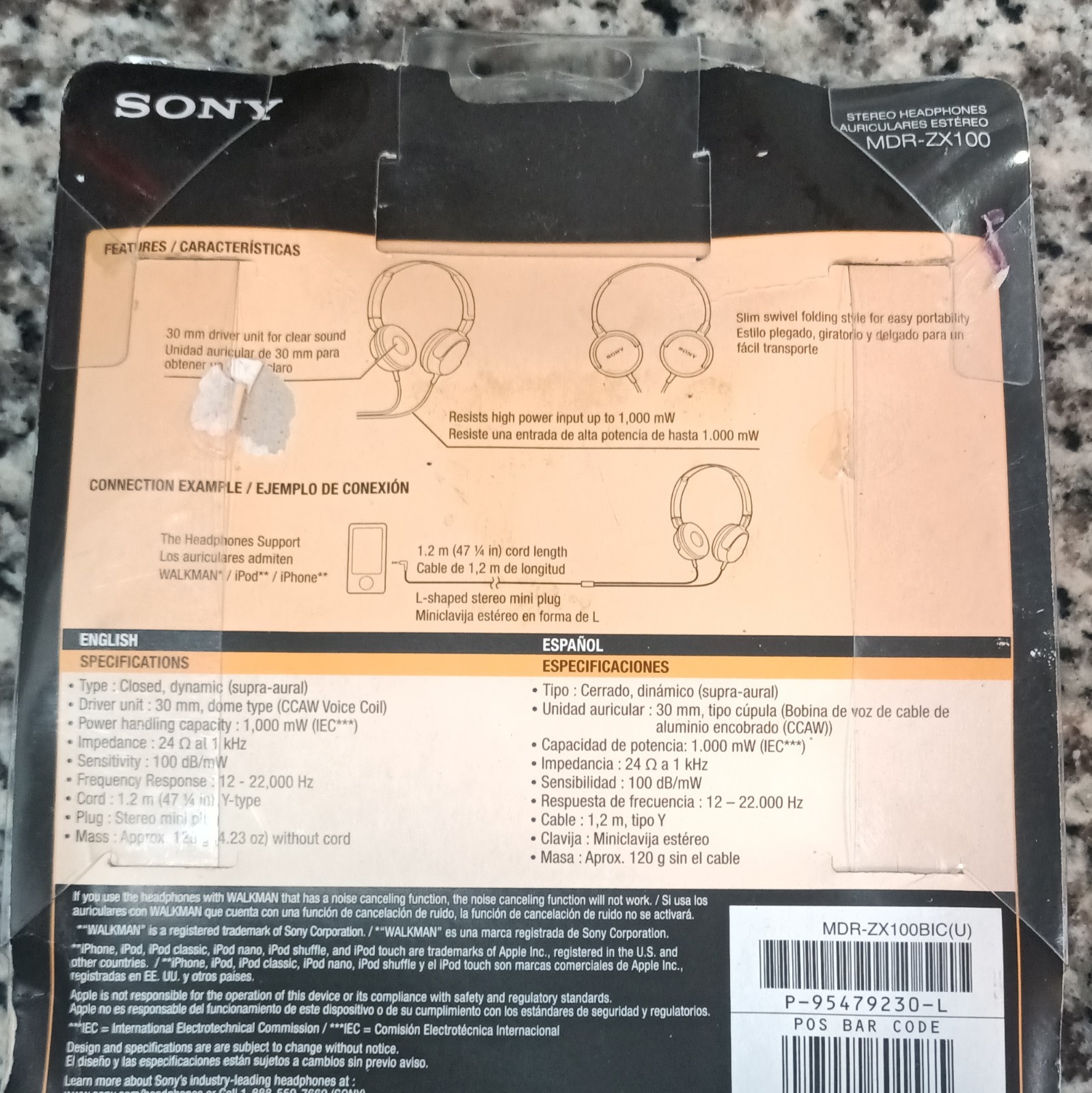 Sony MDR-ZX100 On-Ear Stereo Foldable Swivel 30mm 3.5mm Black 1.2m