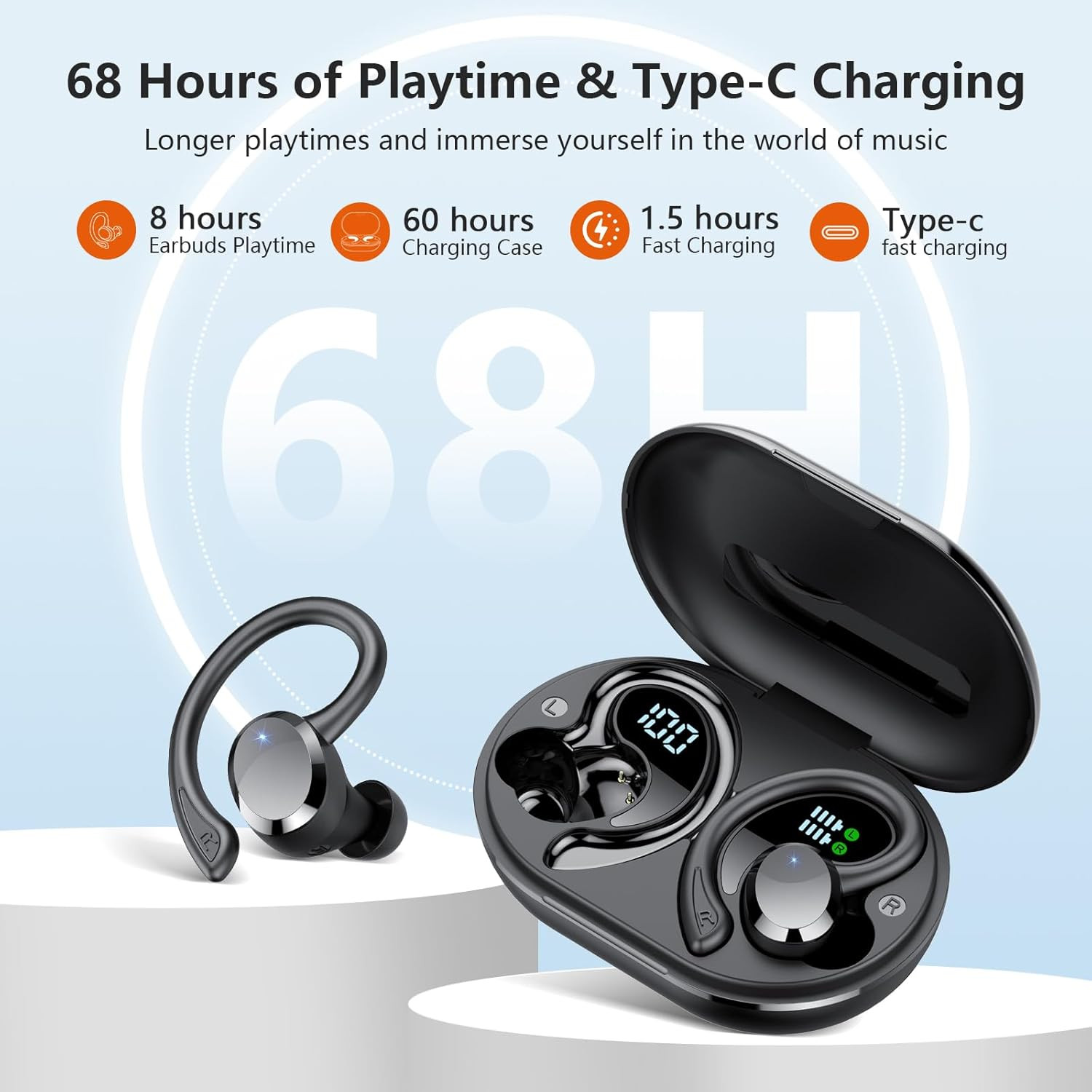 over Ear Earbuds with Hook, 2026 New Bluetooth 5.4 Sports Wireless Earbuds, 68Hr