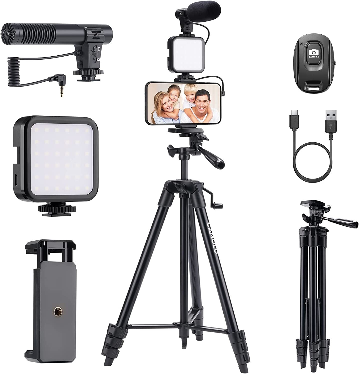 CAMOLO Vlogging Kit, Smartphone Vlog Kit w/ Microphone w/ LED Light,Phone Tripod