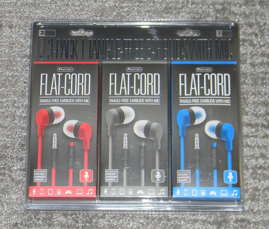 Sentry Flat-Cord Tangle Free Earbuds w/Mic – 3 Pack – Red, Gray & Blue