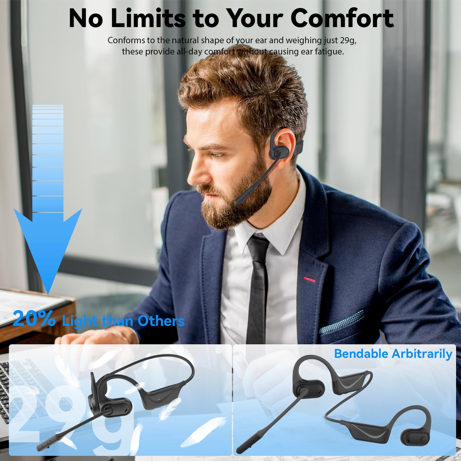 Open Ear Headphones with Mic, Lightweight Bluetooth 5.4 Headset with Micropho…
