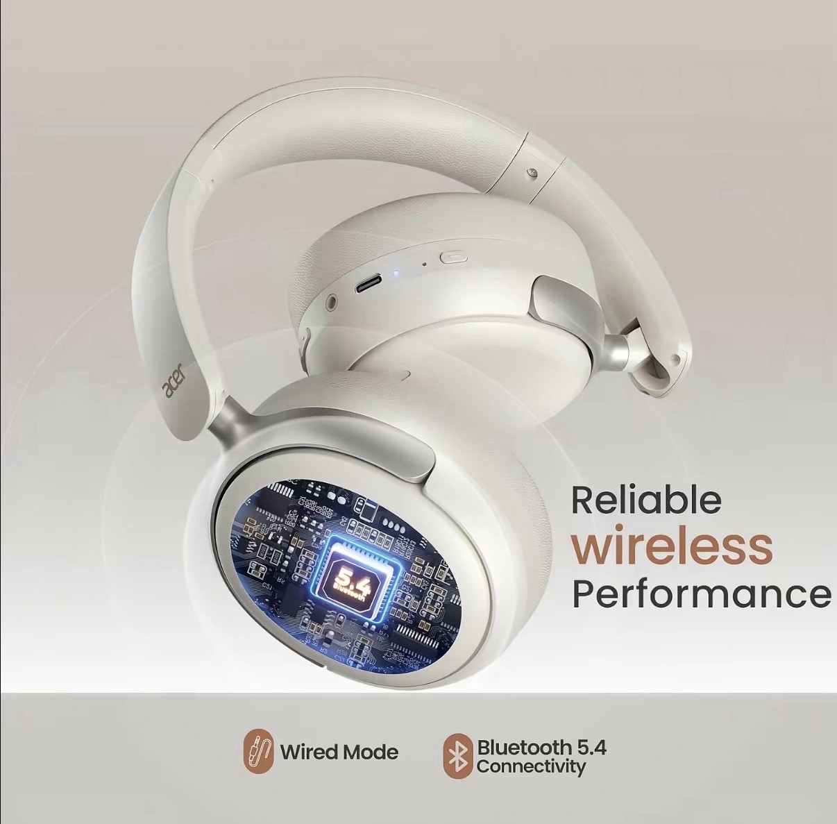 Acer White Over-Ear Bluetooth Headphones w/ ANC, 40mm Drivers, Built-In Mic