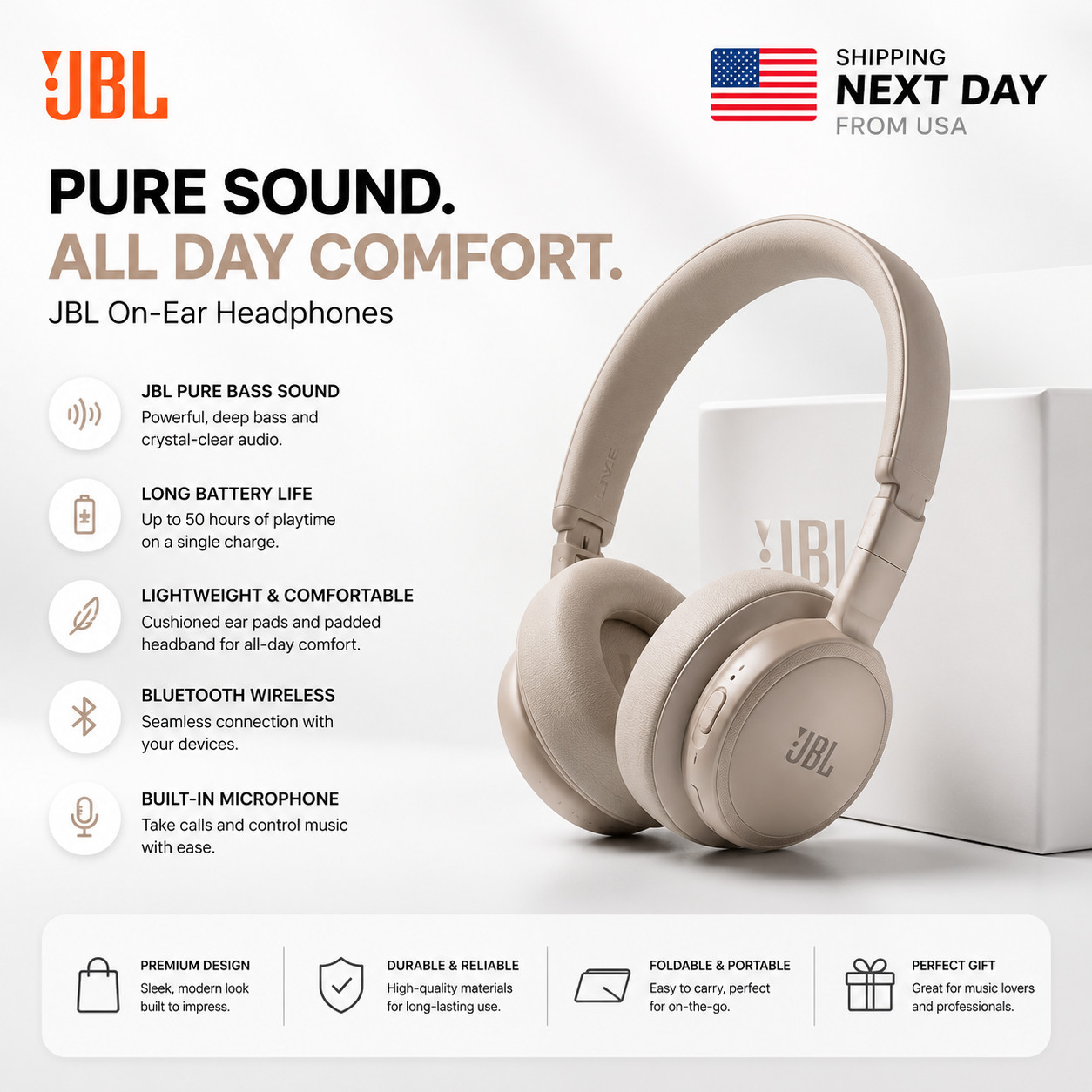 JBL Live 680NC Wireless ANC Headphones Hi-Res Audio 80H Battery Champagne