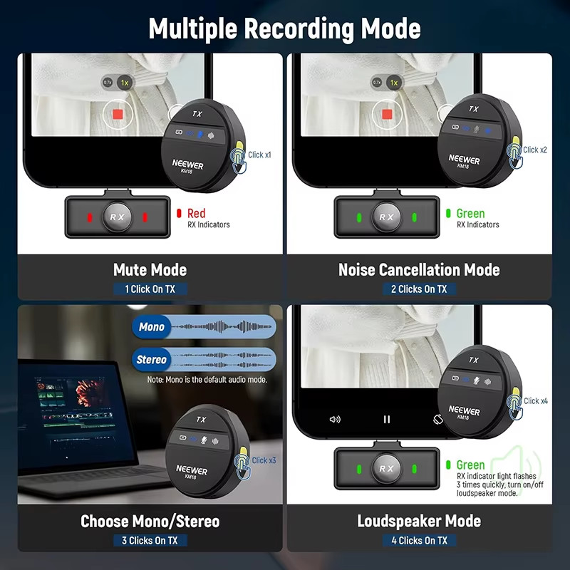 Neewer KM18 Wireless Lav Mic w/Noise Canceling & USB-C Case, 24H 200m for iPhone
