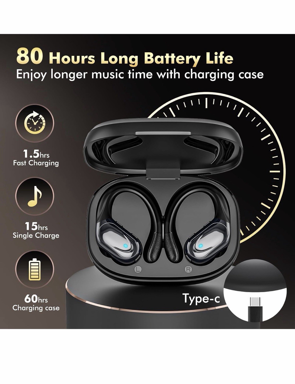 Wireless Bluetooth Earbuds Sport Headphones LED Charging Case Waterproof Black