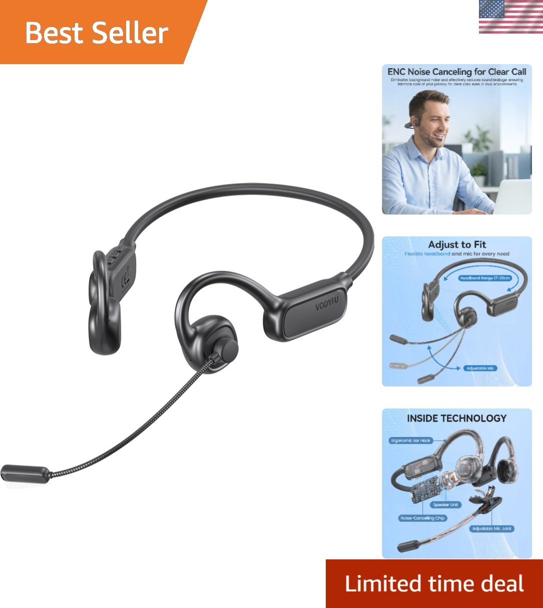 Lightweight Open Ear Headphones with Mic for Work & Workouts – 20H Playtime
