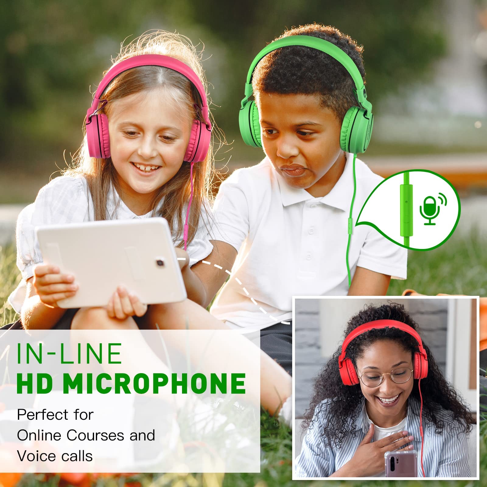 Black Green 950 Wired Headphones for Kids with Microphone 3.5mm Jack On-Ear