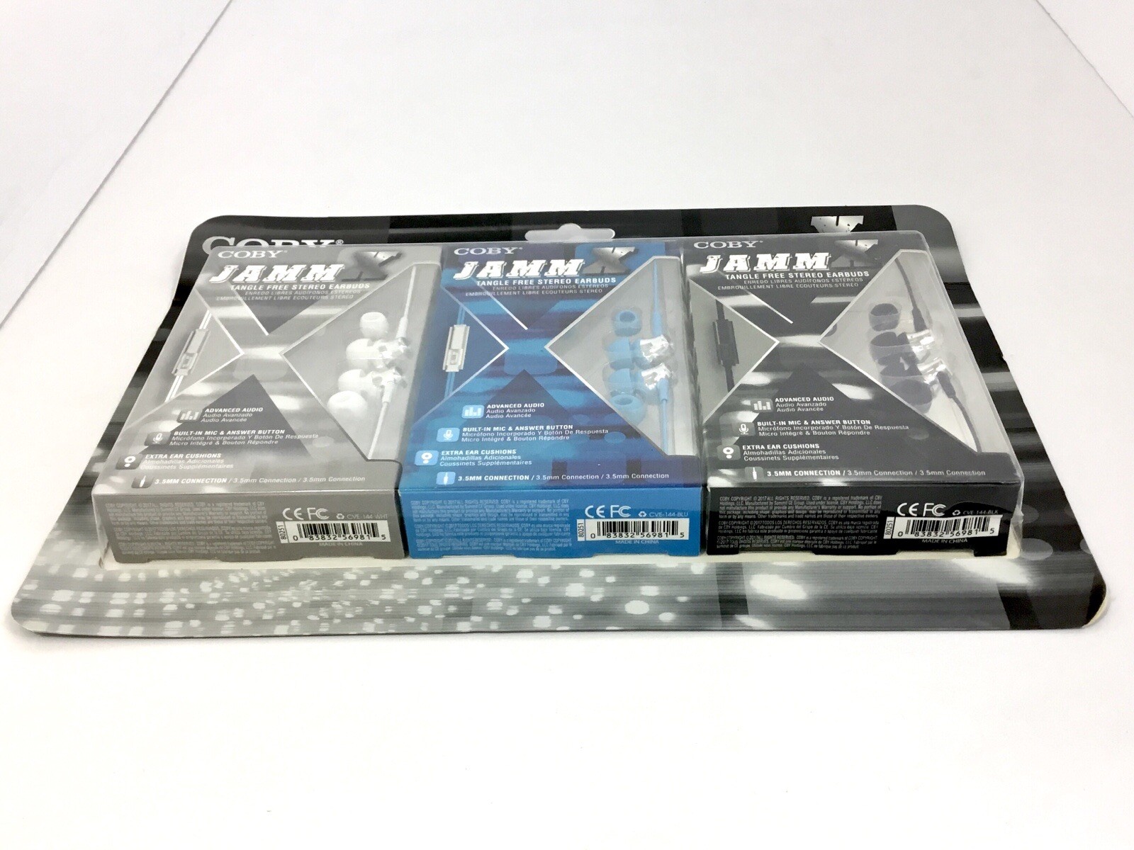 (3) – Coby JAMMX Tangle Free Stereo Earbuds Built-In Mic Black Blue White NEW