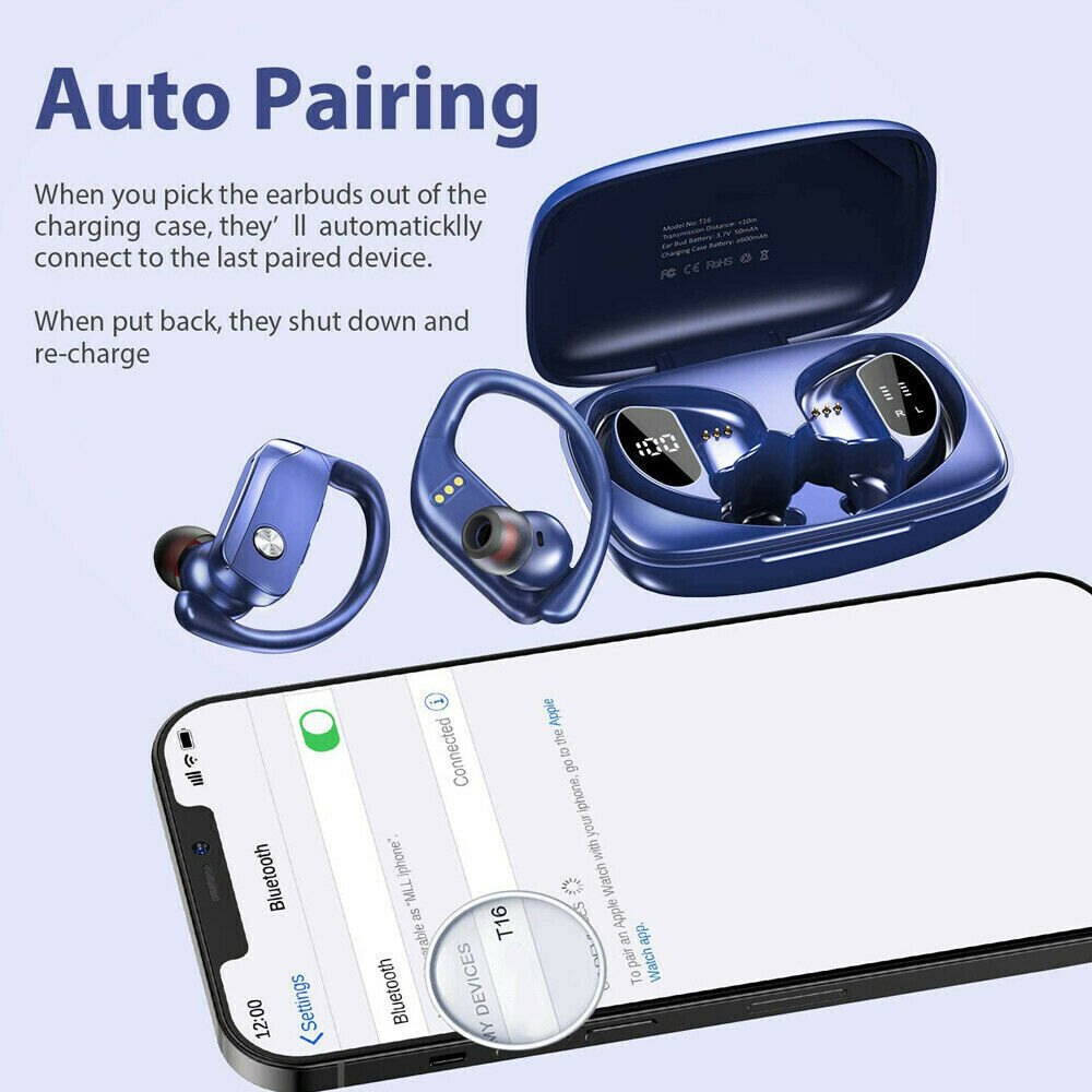 Bluetooth 5.0 Wireless Earbuds Mic Earphone Ear-hook Sport Waterproof Headphones