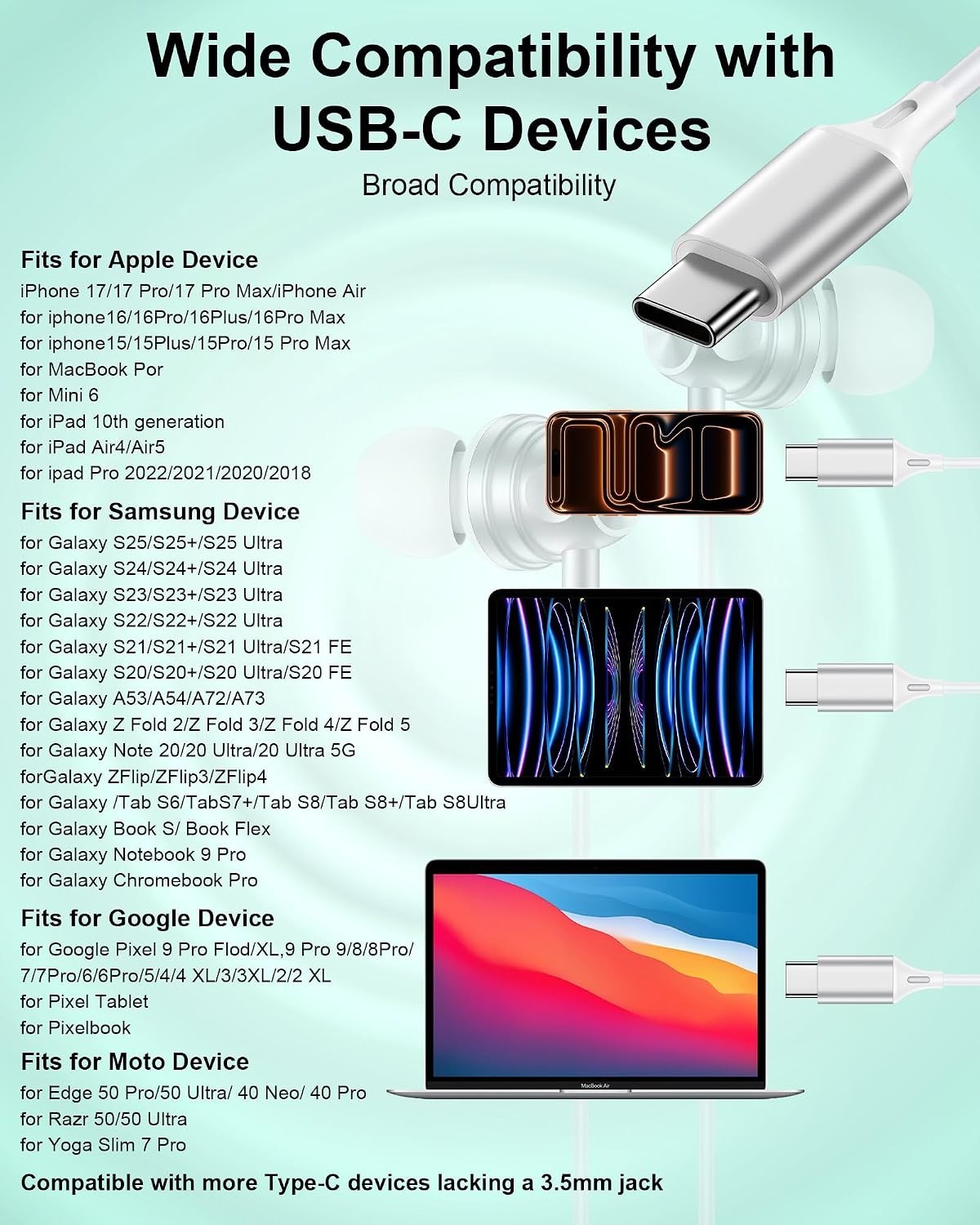USB C Wired Ear Buds Earbuds for 17e 16 15 Pro Max 17 Air 16e White …..