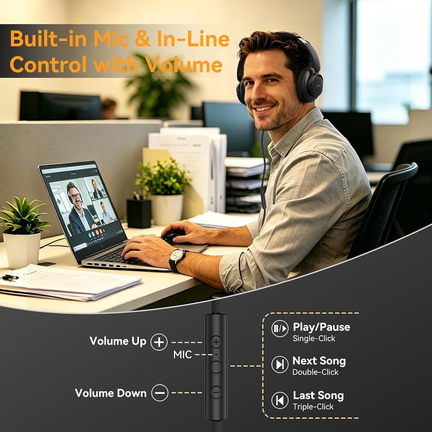 Wired Headphones with Microphone, over Ear Lightweight Foldable 3.5Mm Plug in Co