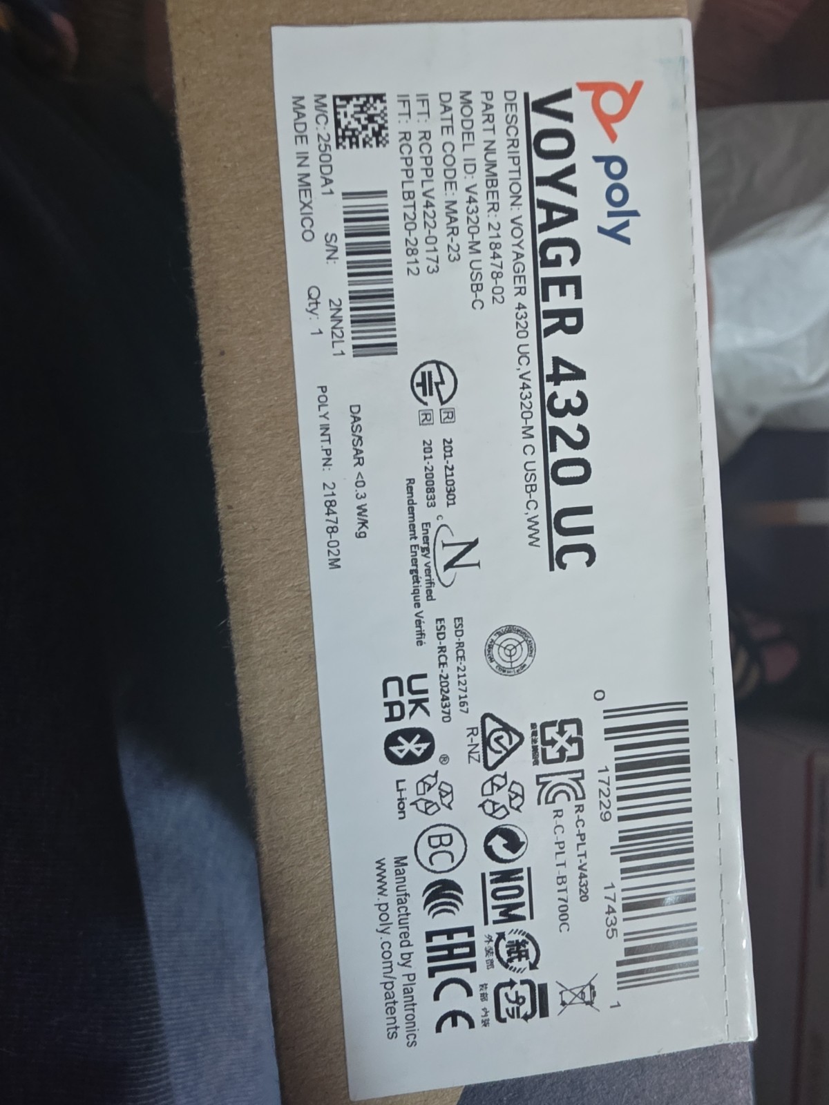 Poly Voyager 4320 UC Wireless Bluetooth Headset‎ Plantronics 218478-02 Headphone