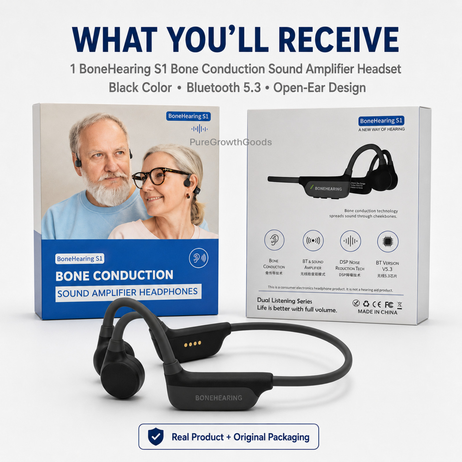 Bone Conduction Sound Amplifier Headphones Bluetooth Open Ear for Seniors
