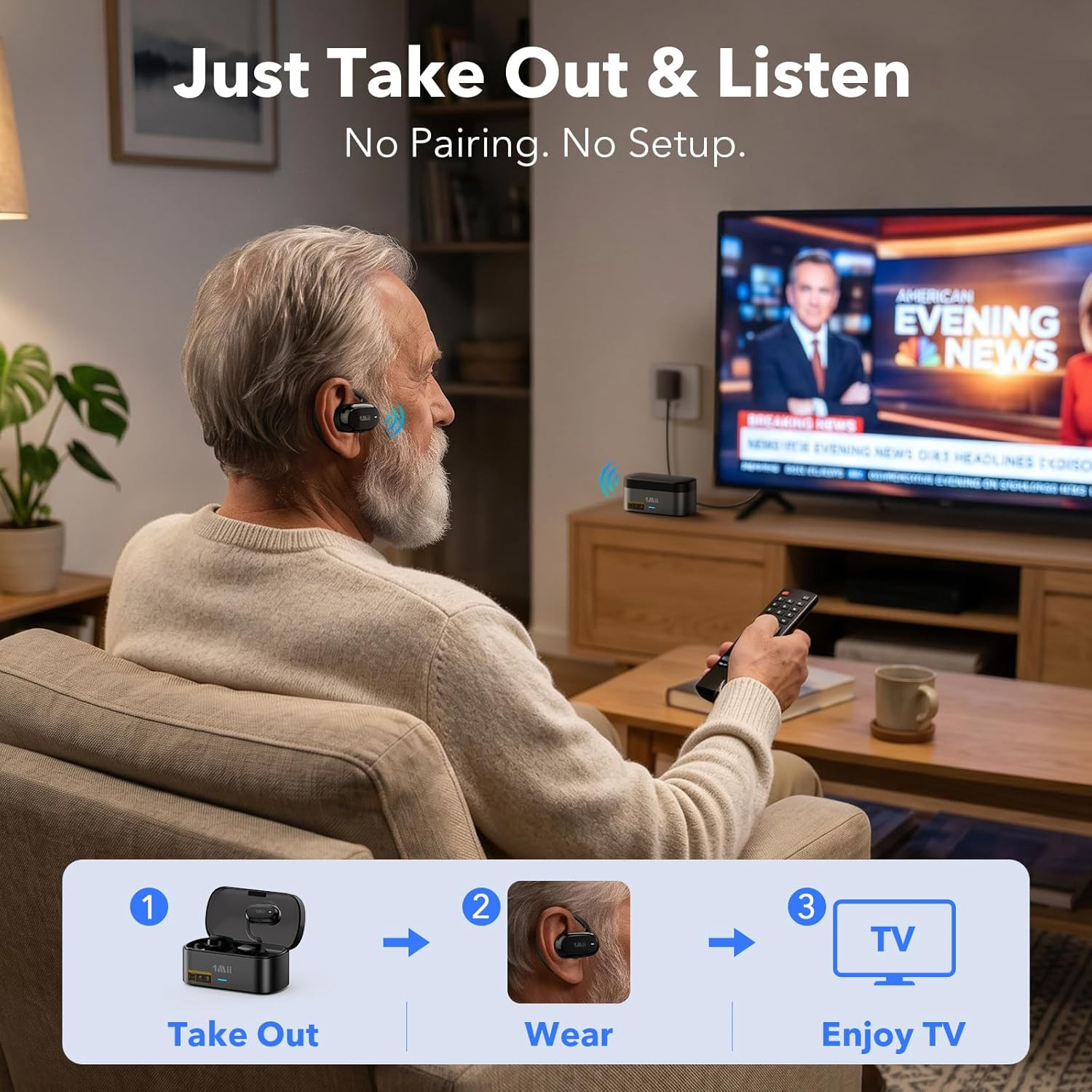 1Mii ClearLinkTV E5 Wireless TV Earbuds for Seniors, Plug & Play Open-Ear Headph