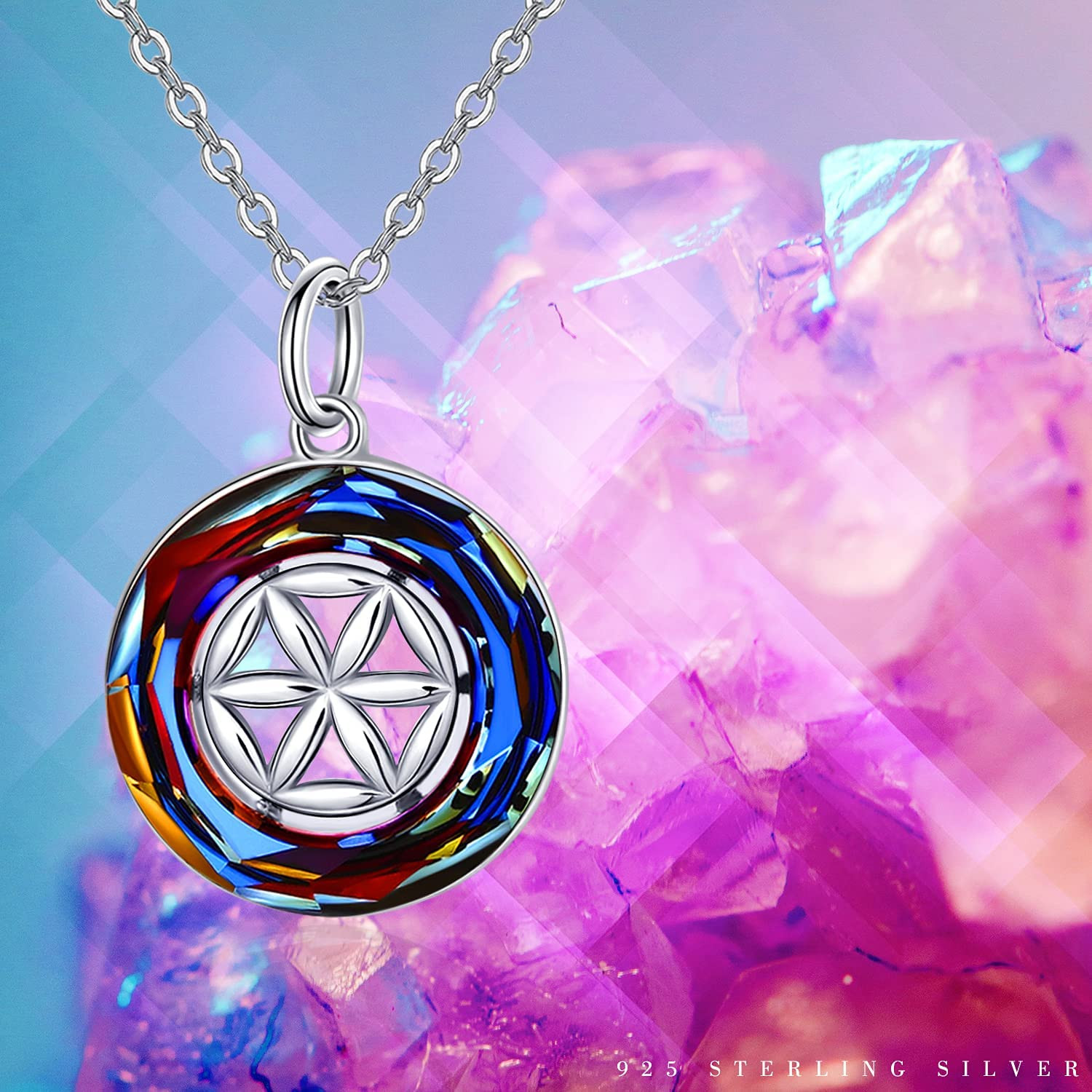 Crystal Necklace for Women 925 Sterling Silver Wheel Circle Healing Crystal Pend