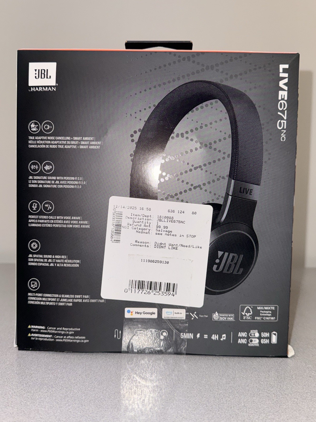 JBL by Harman Live 675NC Wireless True Adaptive Noise Cancelling Headphones- NOB