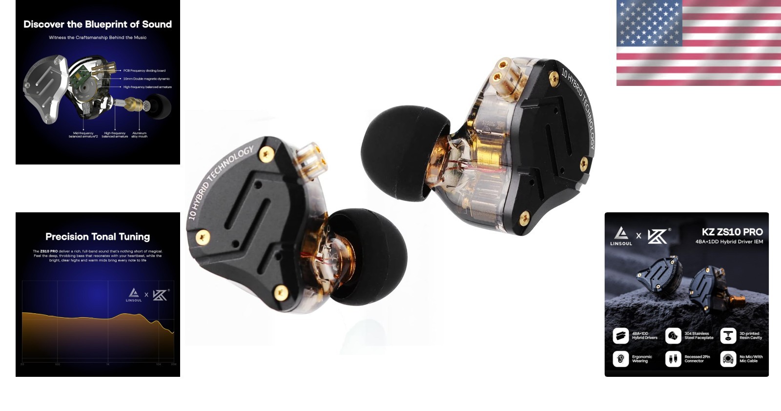 KZ ZS10 Pro Gaming Earbuds: 4BA+1DD Drivers, Noise Isolation in Black