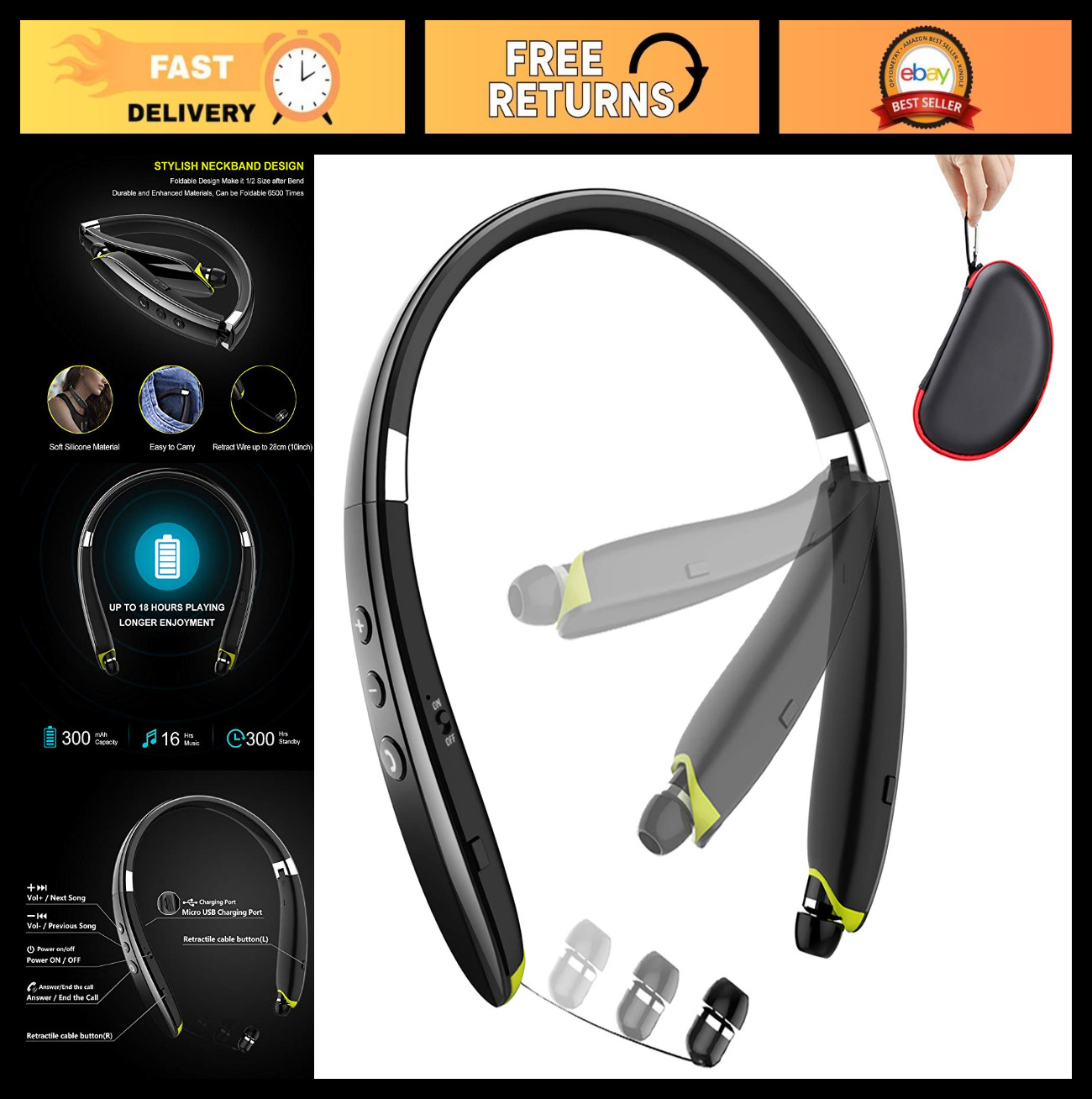 Wireless Bluetooth Neckband Headphones, Foldable Retractable Earbuds, Noise Canc