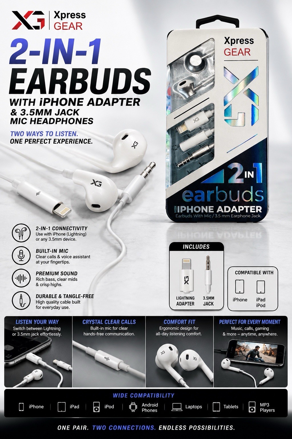Xpress Gear 2-in-1 Earbuds w/ iPhone Adapter & 3.5mm Jack Mic Headphones White