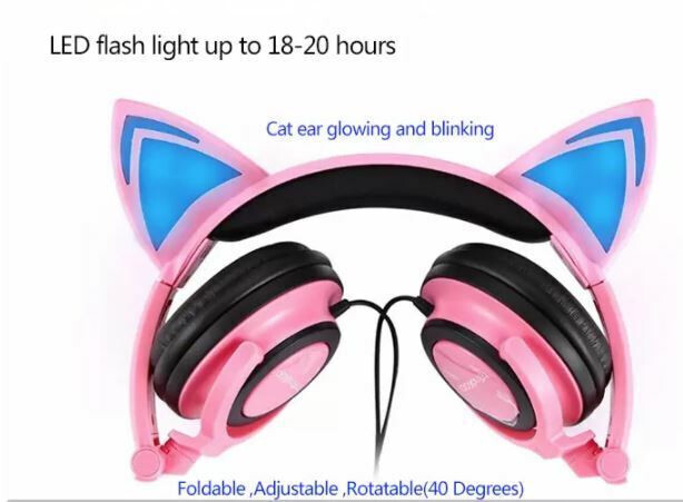Kids 3.5mm Headphone Earphone On Ear Wired LED Cat Ears Stereo Headsets for Girl