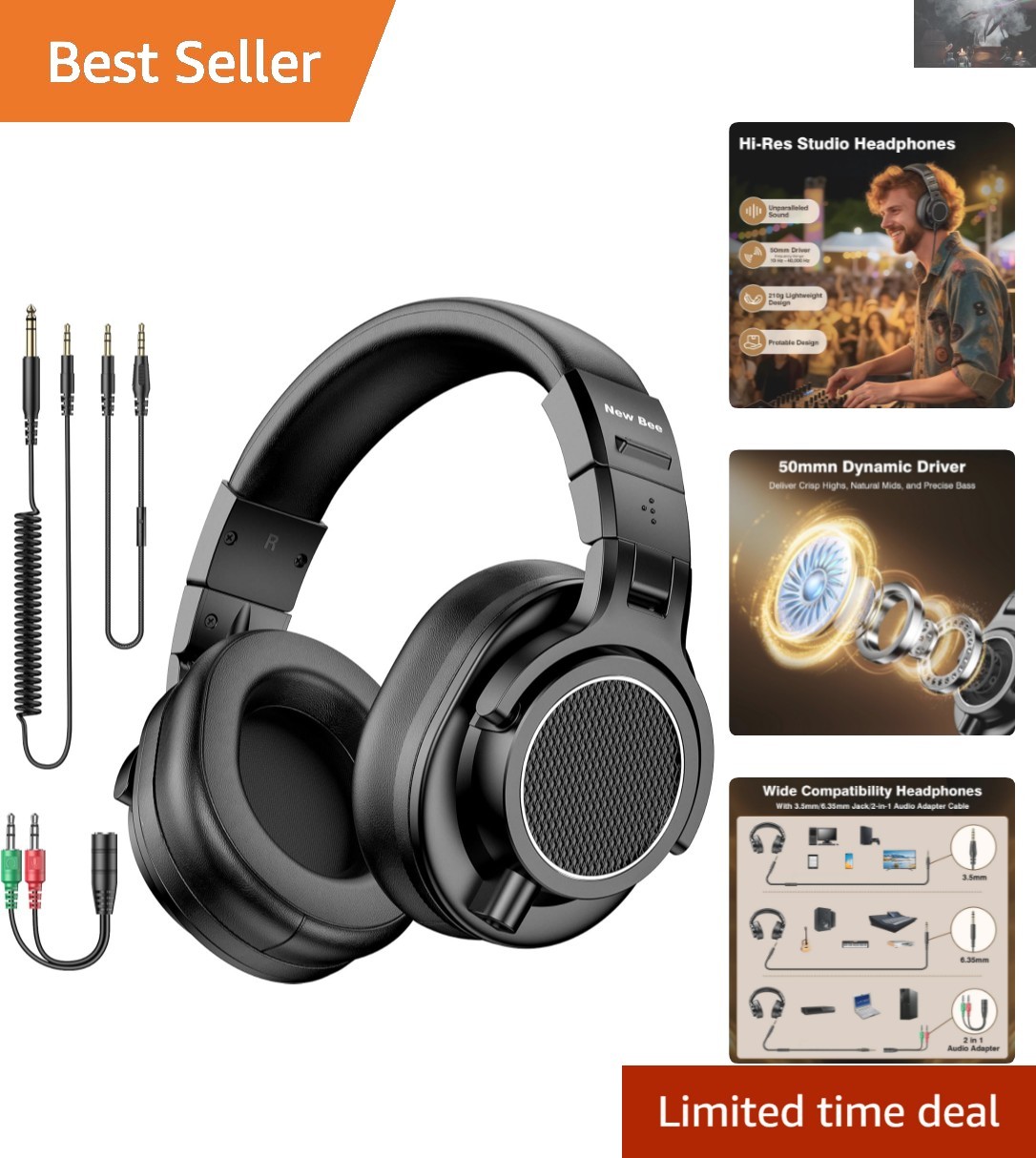 Wired Studio Headphones – 50mm Drivers, Dual Jack for Mixing & Podcasting