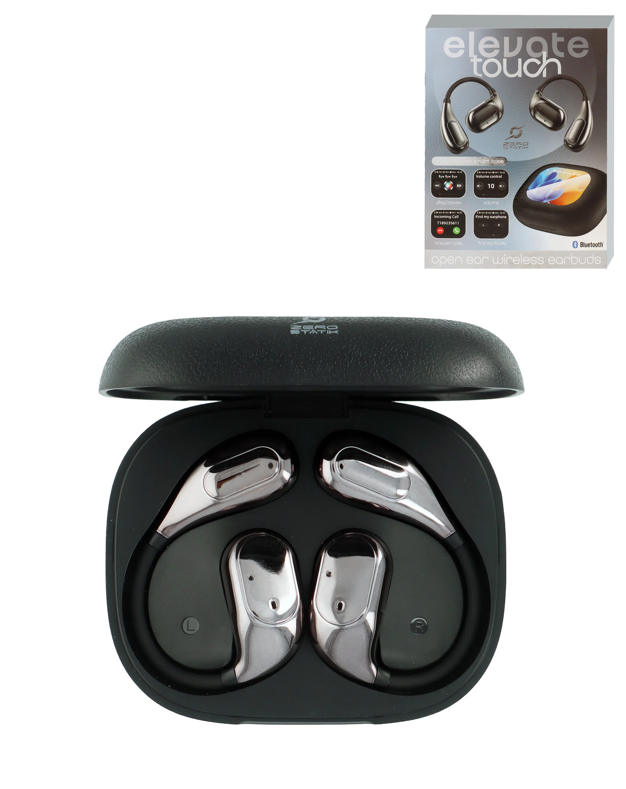 ELEVATE On-Ear True Wireless Earbuds with Touchscreen Smart Case (BLACK)