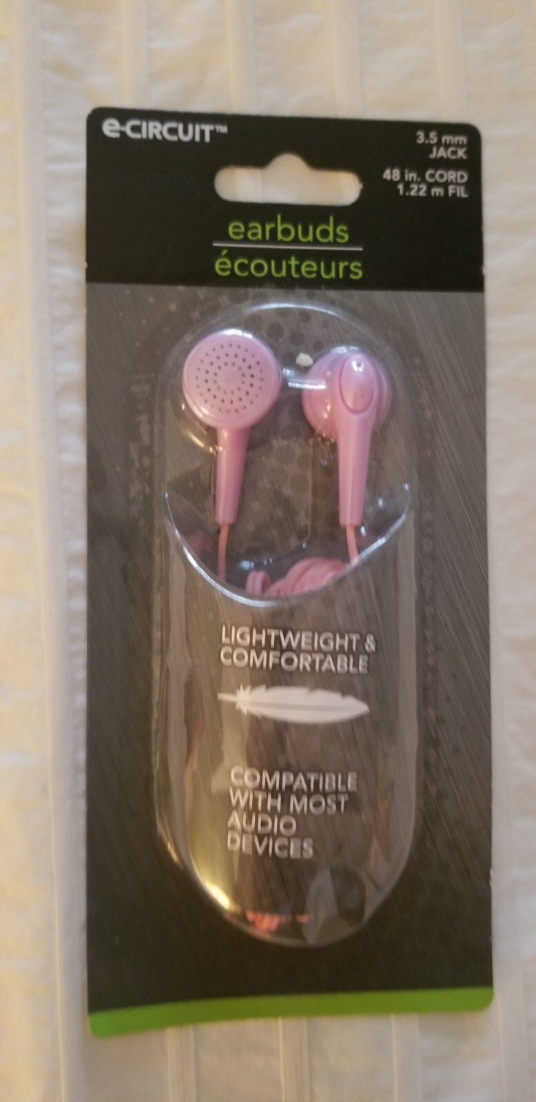 E-Circuit Pink Ear Buds 3.5 mm Plug Jack Xtra Long 48” 4-Foot Cord