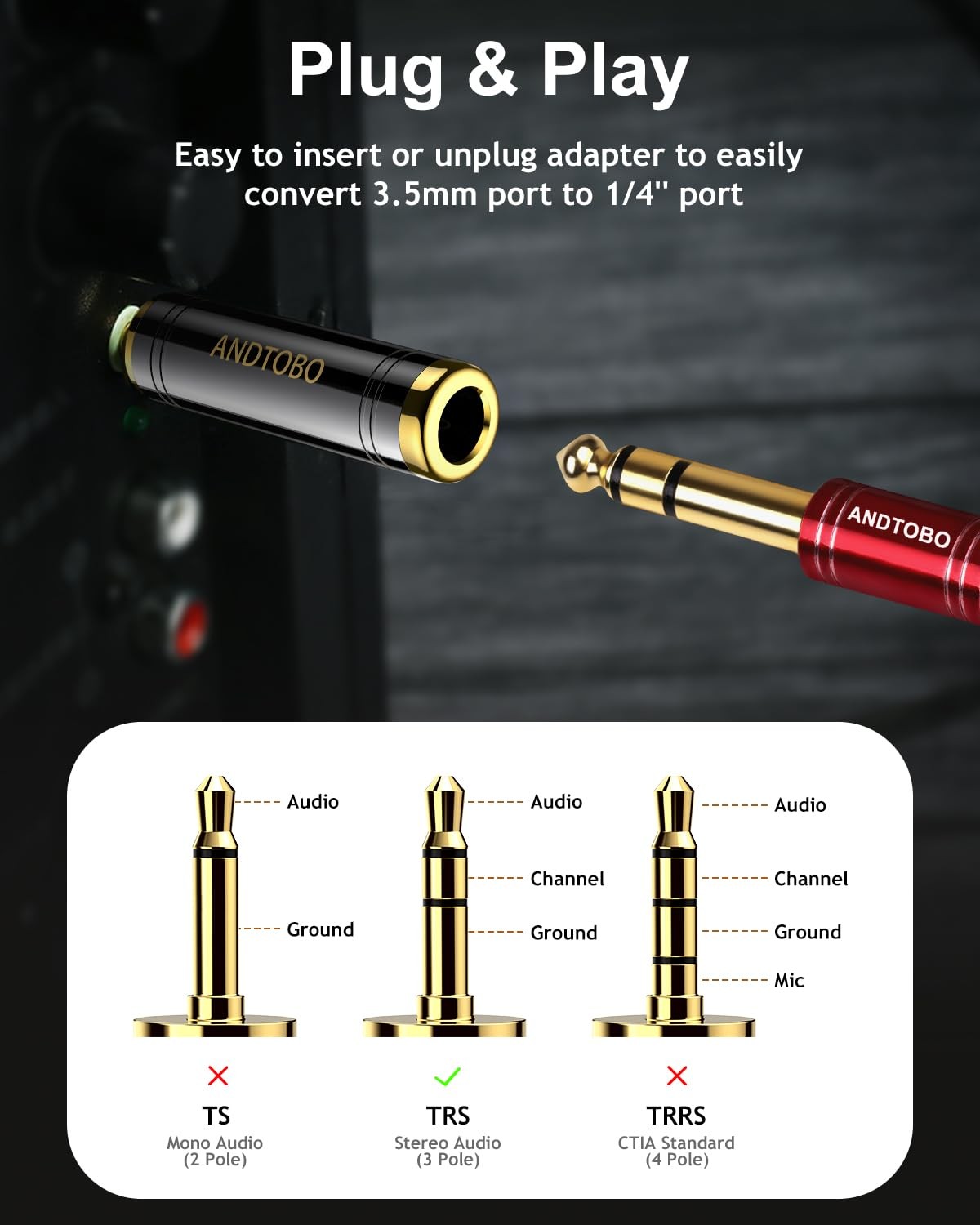 ANDTOBO 1/4” to 3.5 mm Stereo Pure Copper Headphone Adapter, 3.5 mm(1/8”) Plug