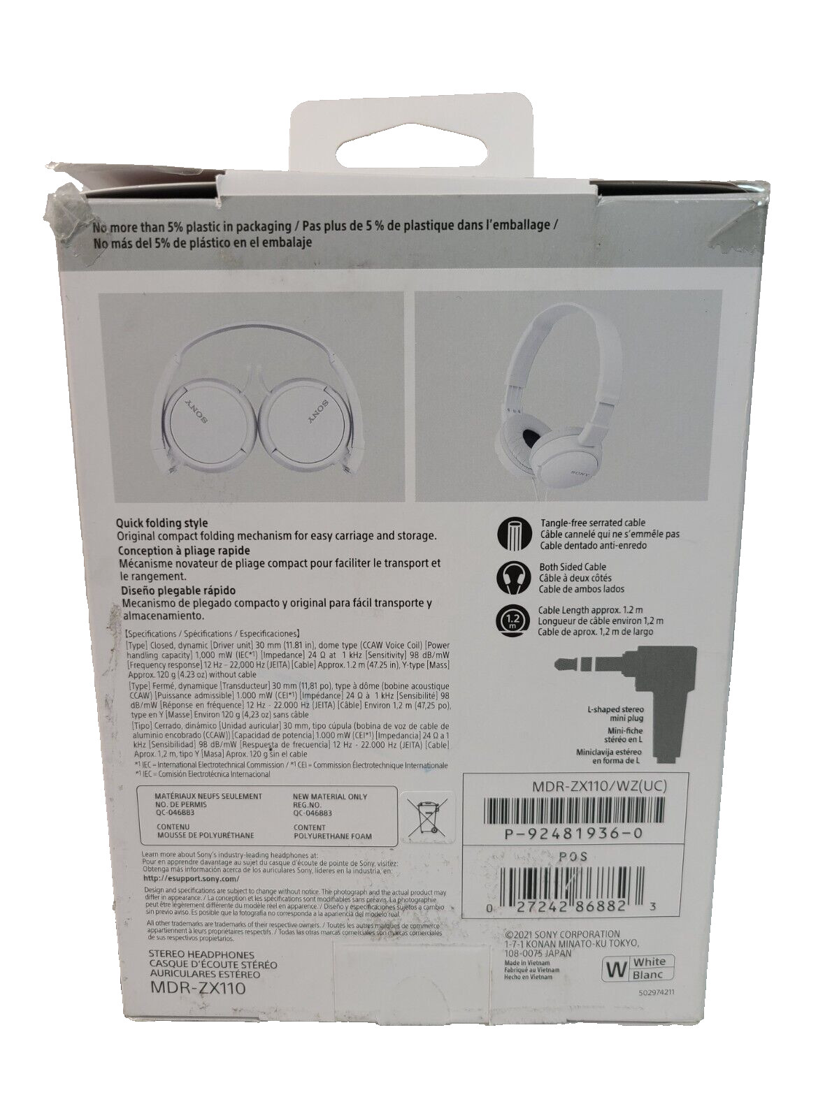 Sony MDR-ZX110 Ear-Pad (On the Ear) Headband Headphones – White