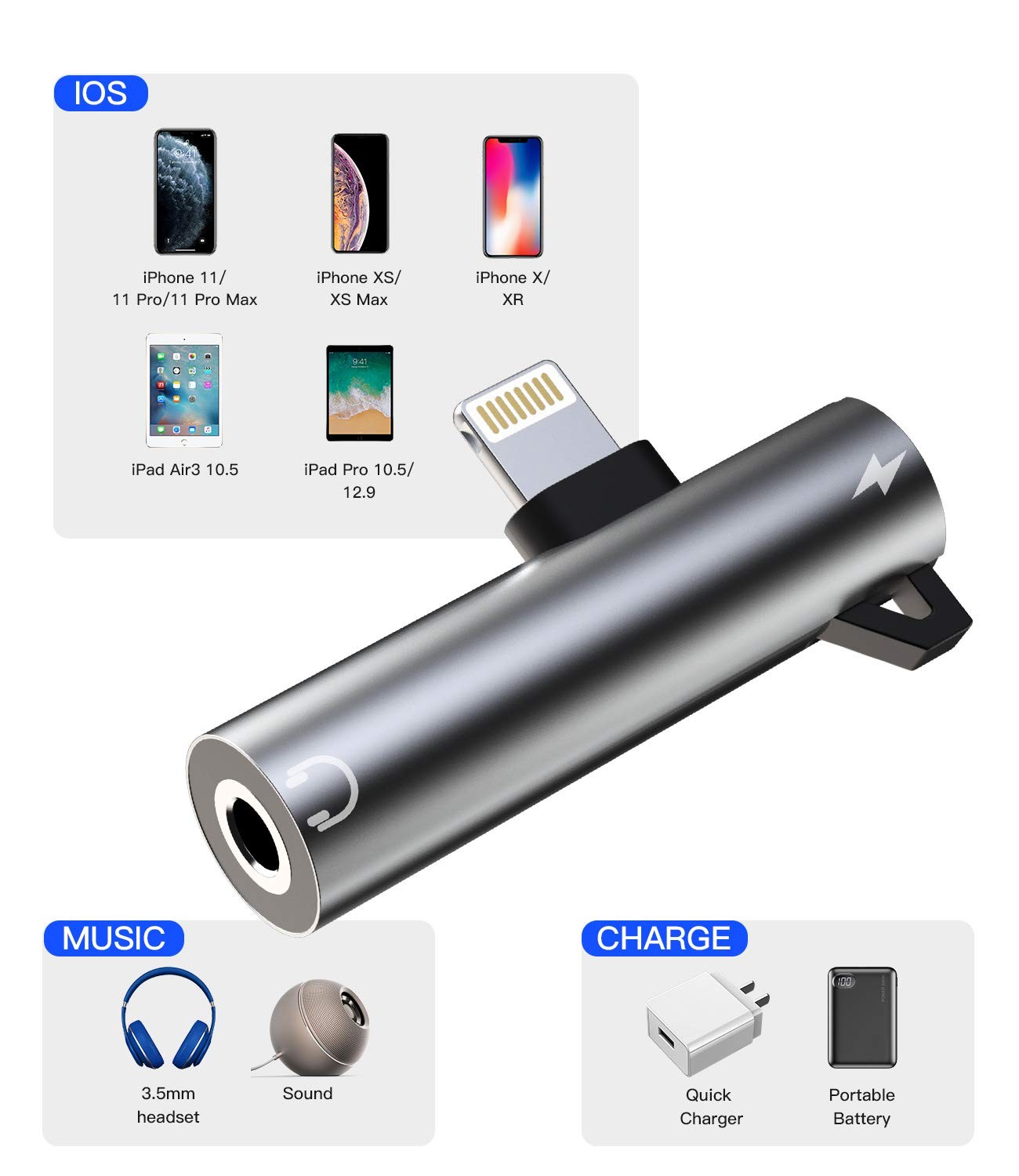 Headphone Adapter Lightning to 3.5mm AUX Audio Jack and Charger Extender Dongle