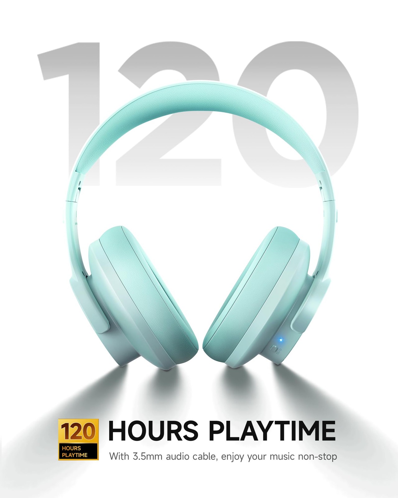 Picun B8 Wireless Bluetooth Headphones, 120H Playtime, 3EQ Modes, Cyan