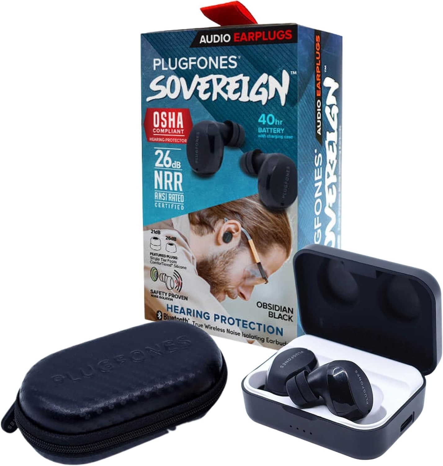 Plugfones Sovereign True Wireless Bluetooth Earplug Earbuds, 26dB NRR OSHA ANSI