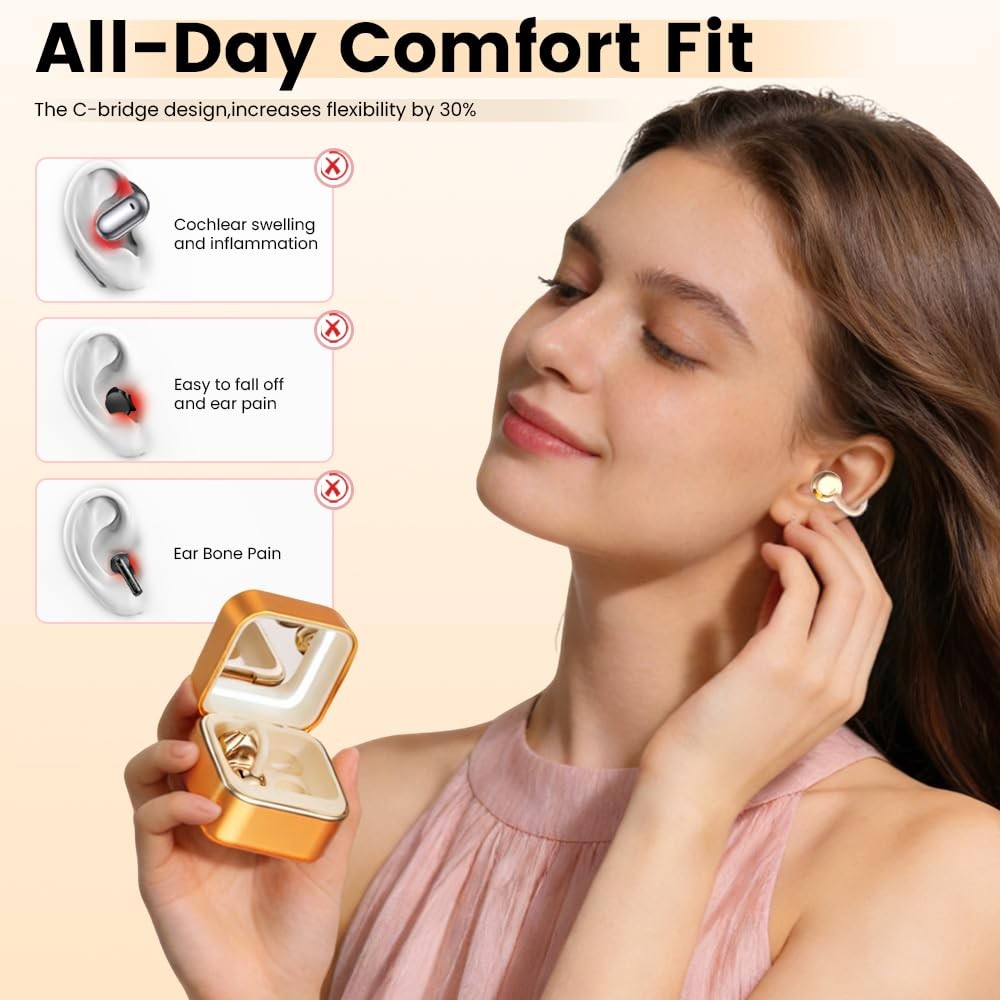 Clip On Ear Headphones with a Makeup Mirror, Open Ear Earbuds Wireless Blueto…