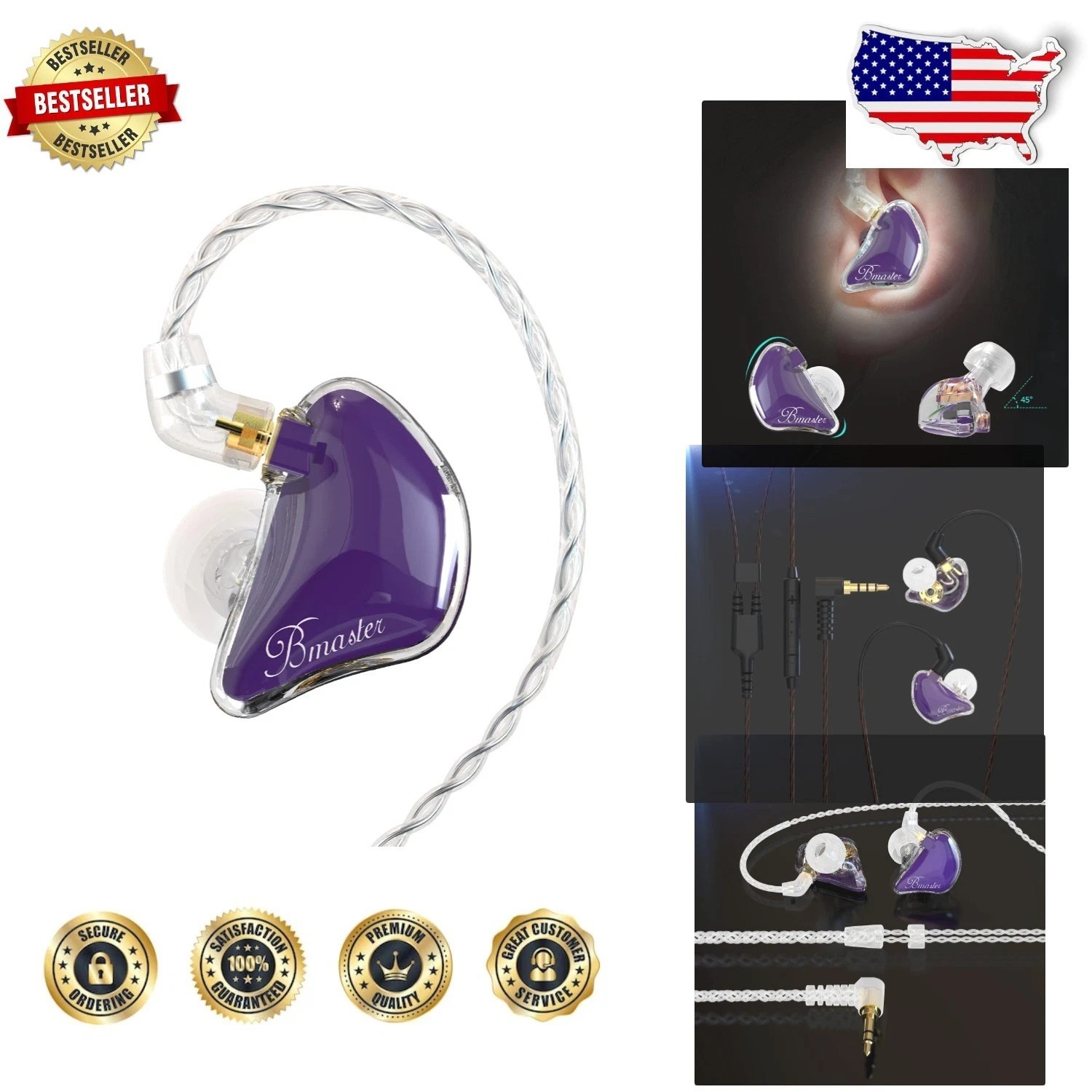 Bmaster Triple Driver IEM Purple Hifi Stereo Sound Isolation Detachable MMCX …